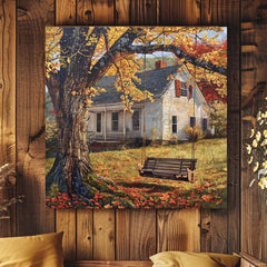 Farmhouse Portrait Autumn Canvas Wall Art, Country Cottage Fall Home Artwork, Farm with Swing Print