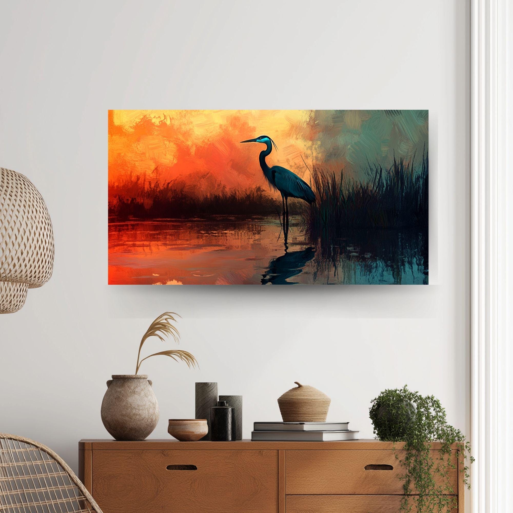 Sunset Heron Wooden Canvas Wall Art, Coastal Bird Silhouette Print, Serene Wetland Landscape Painting, Nature Inspired Rustic Home Decor