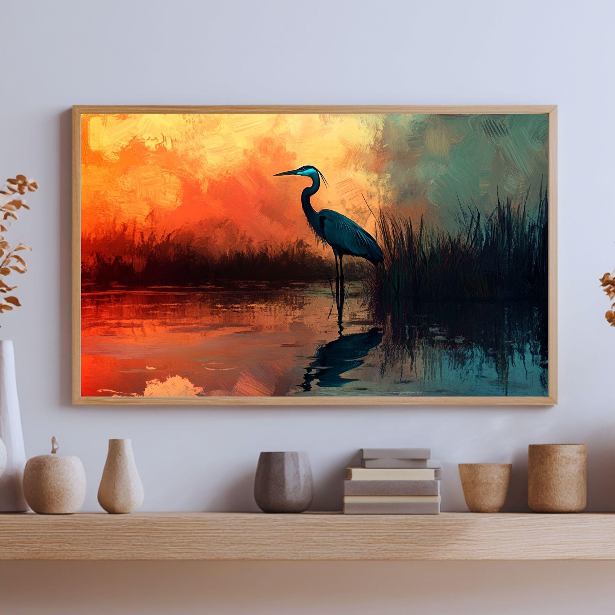 Sunset Heron Wooden Canvas Wall Art, Coastal Bird Silhouette Print, Serene Wetland Landscape Painting, Nature Inspired Rustic Home Decor