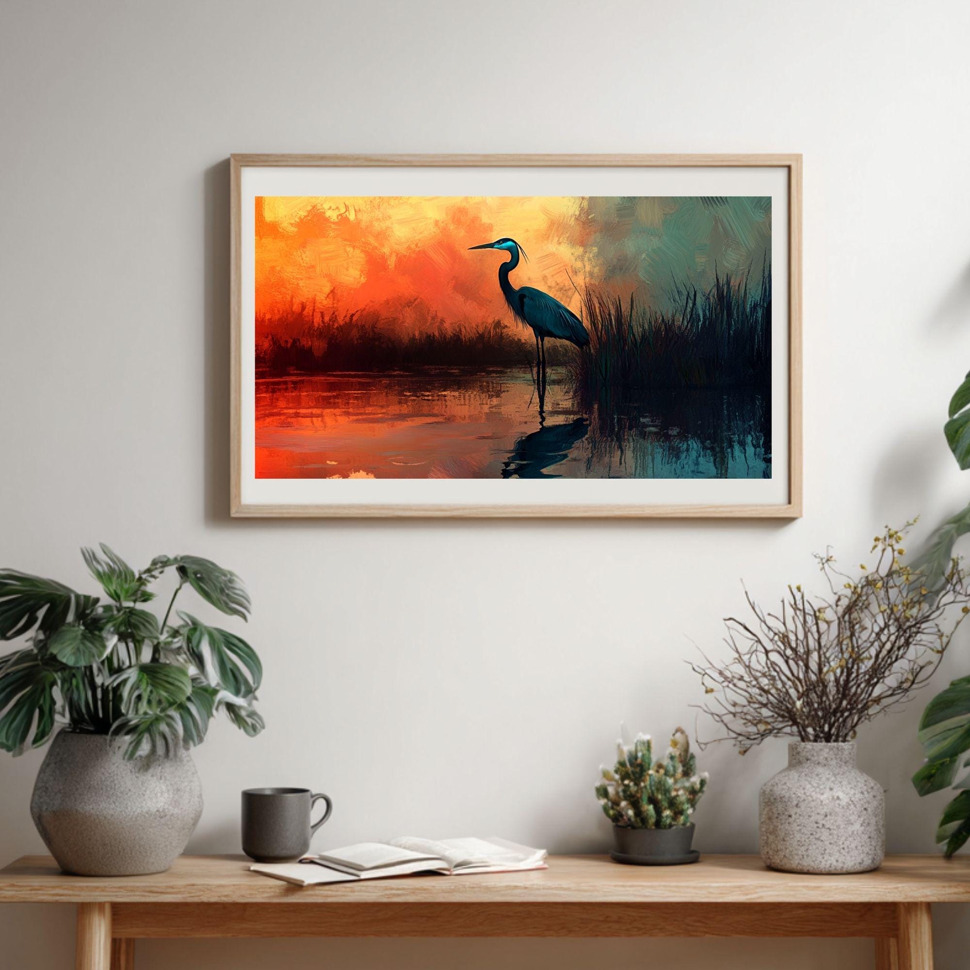 Sunset Heron Wooden Canvas Wall Art, Coastal Bird Silhouette Print, Serene Wetland Landscape Painting, Nature Inspired Rustic Home Decor