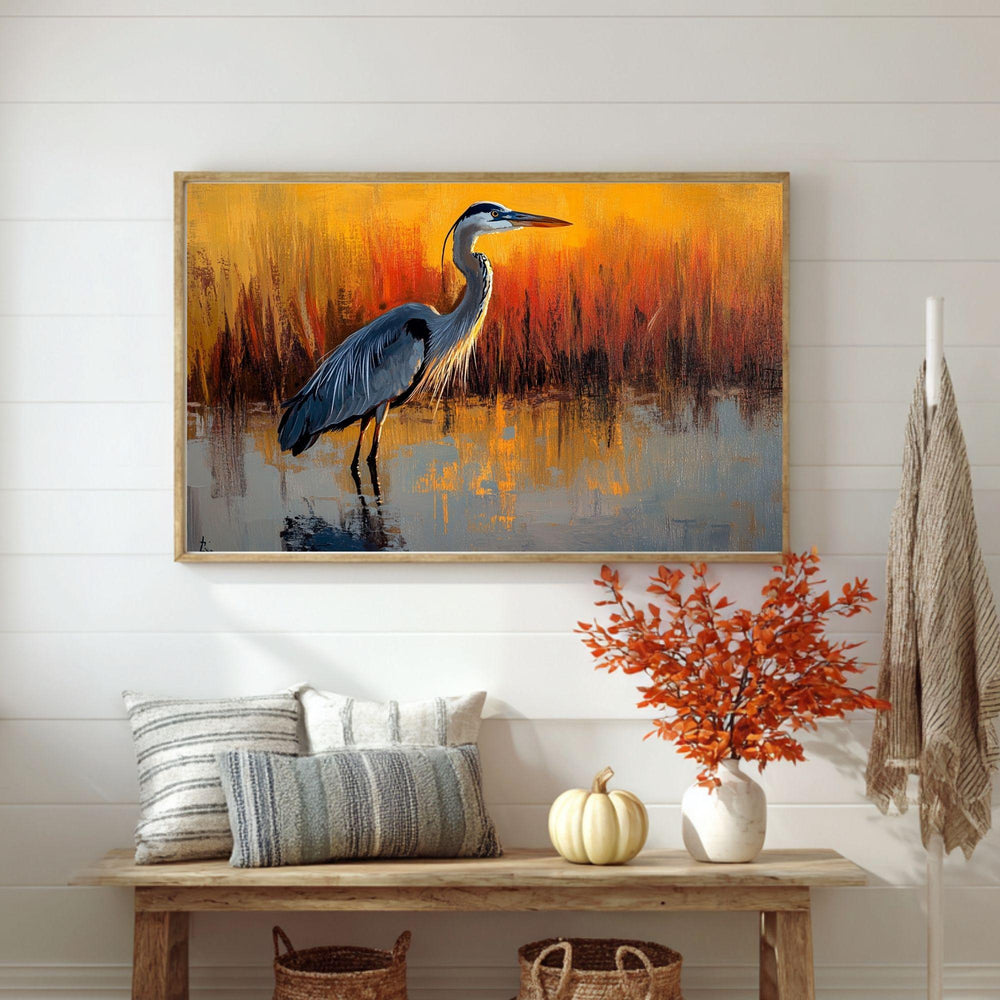 Heron Wooden Canvas Wall Art, Coastal Bird Silhouette Print, Serene Sunset Wetland Landscape Painting, Nature Inspired Rustic Home Decor
