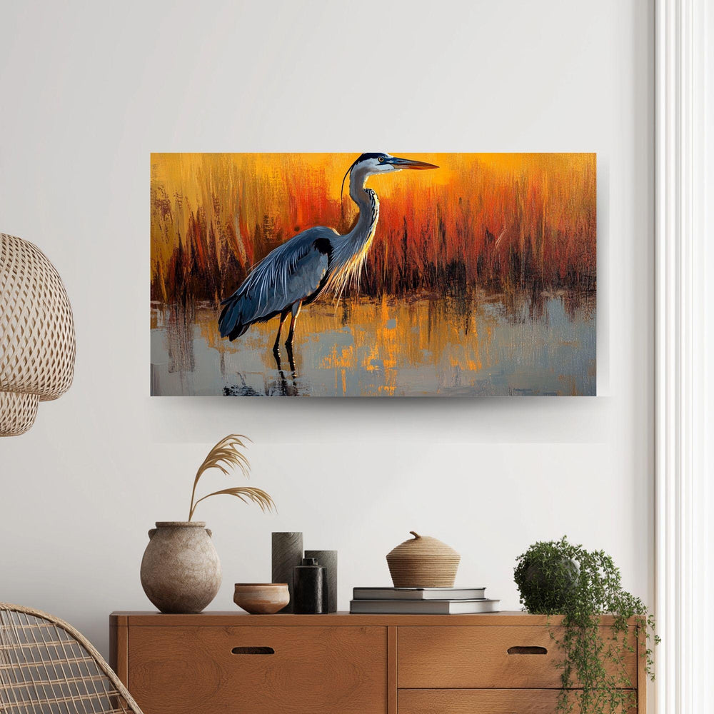 Heron Wooden Canvas Wall Art, Coastal Bird Silhouette Print, Serene Sunset Wetland Landscape Painting, Nature Inspired Rustic Home Decor