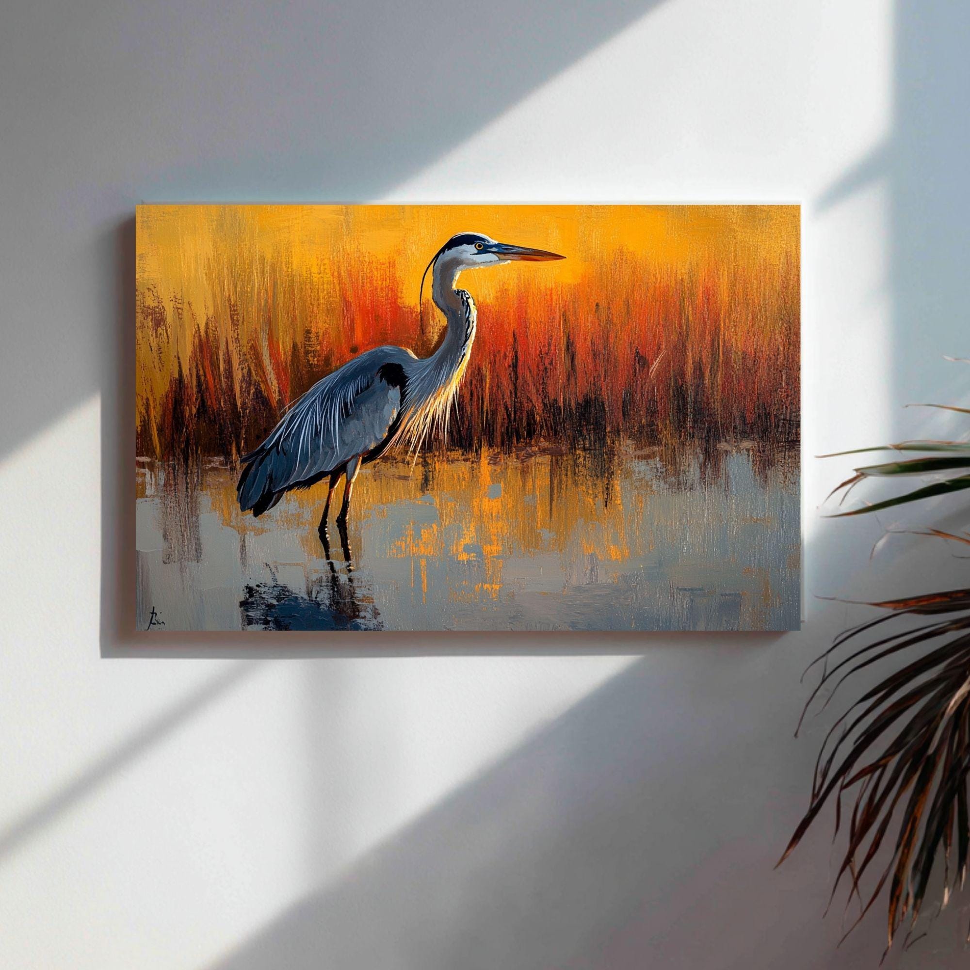 Heron Wooden Canvas Wall Art, Coastal Bird Silhouette Print, Serene Sunset Wetland Landscape Painting, Nature Inspired Rustic Home Decor