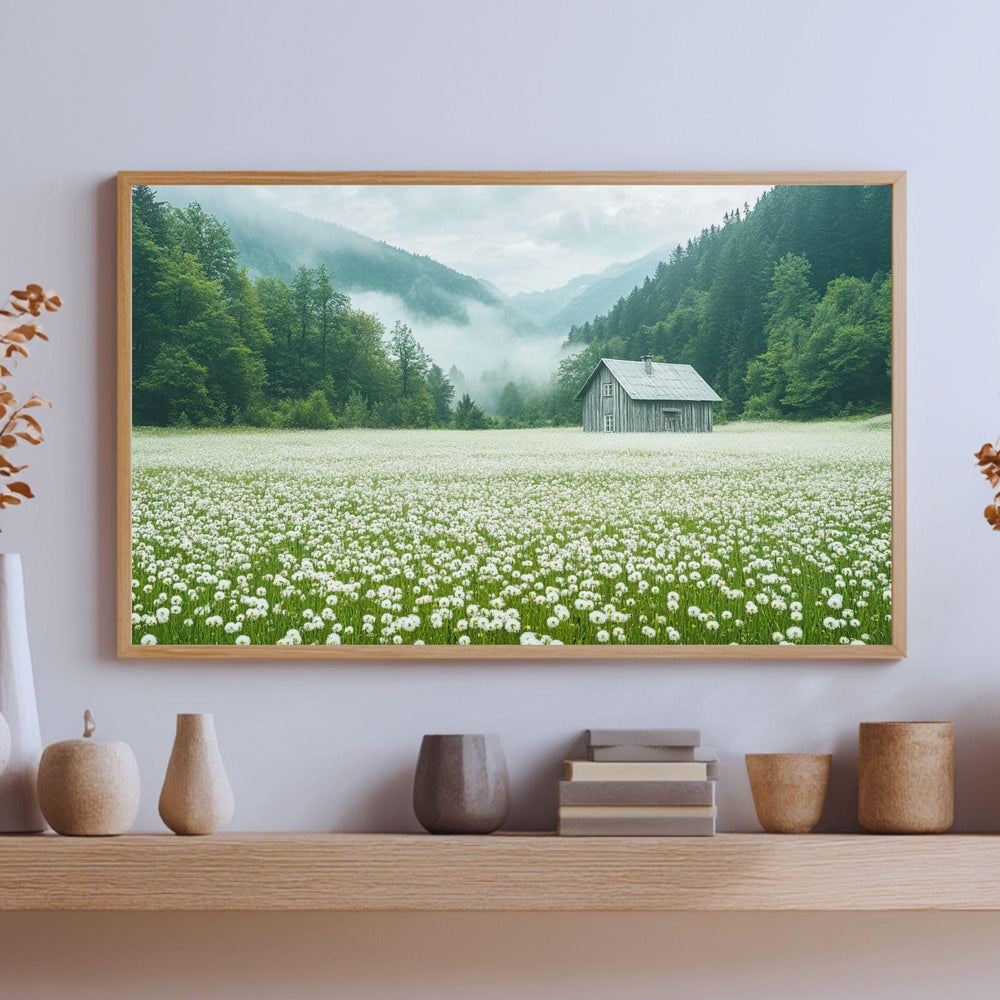 Meadow Wooden Canvas Wall Art, Misty Cottage Landscape Print, Rustic Wildflower Country Field Painting, Nature Inspired Farmhouse Home Decor