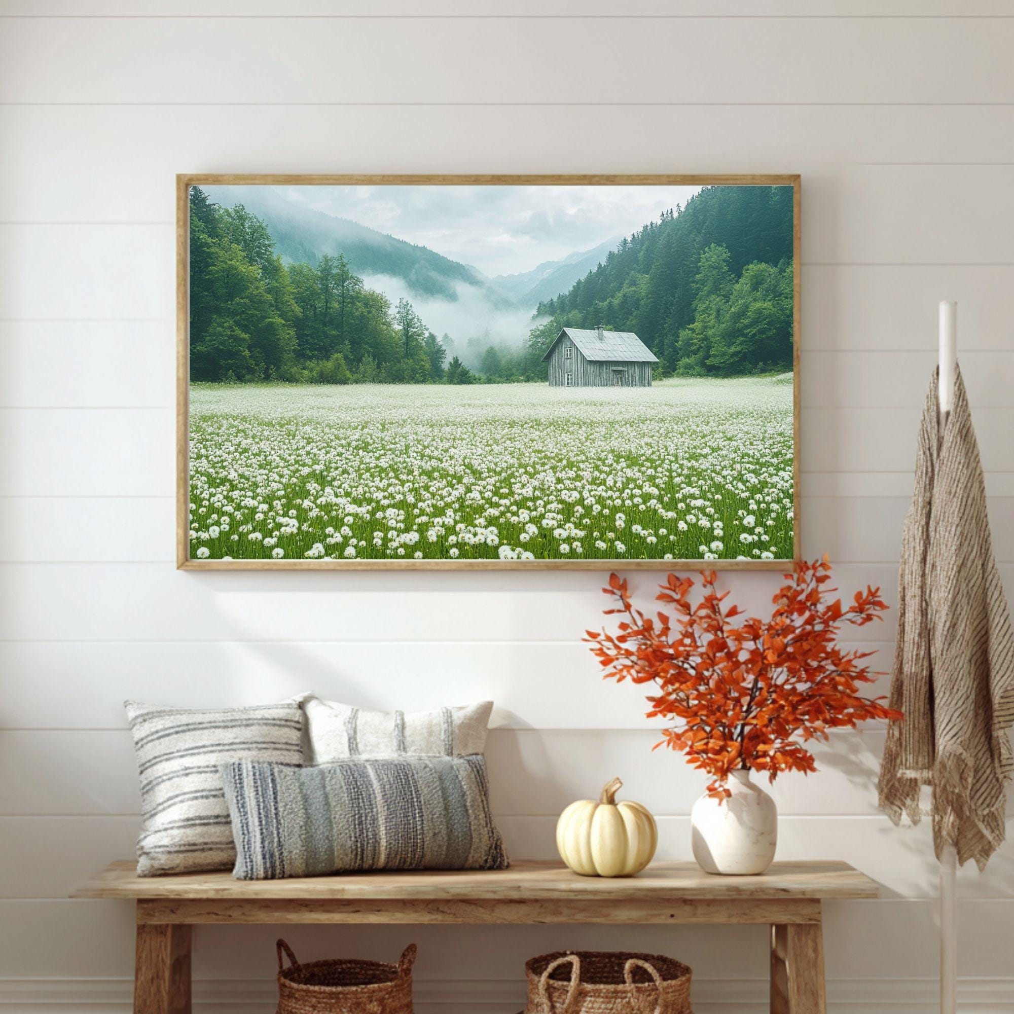 Meadow Wooden Canvas Wall Art, Misty Cottage Landscape Print, Rustic Wildflower Country Field Painting, Nature Inspired Farmhouse Home Decor