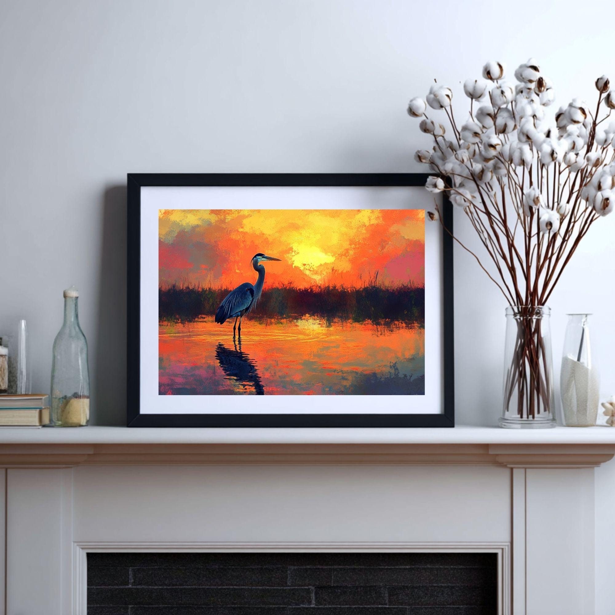 Sunset Heron Wooden Canvas Wall Art, Coastal Bird Silhouette Print, Serene Wetland Landscape Painting, Nature Inspired Rustic Home Decor