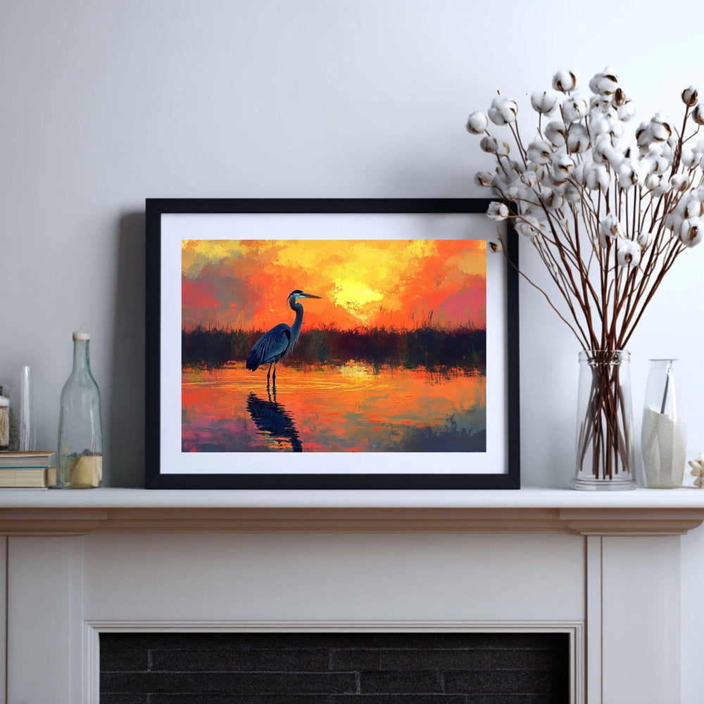 Sunset Heron Wooden Canvas Wall Art, Coastal Bird Silhouette Print, Serene Wetland Landscape Painting, Nature Inspired Rustic Home Decor
