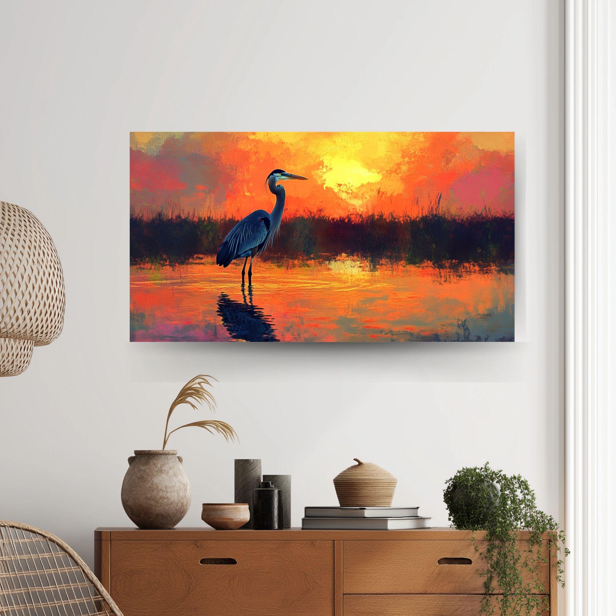 Sunset Heron Wooden Canvas Wall Art, Coastal Bird Silhouette Print, Serene Wetland Landscape Painting, Nature Inspired Rustic Home Decor