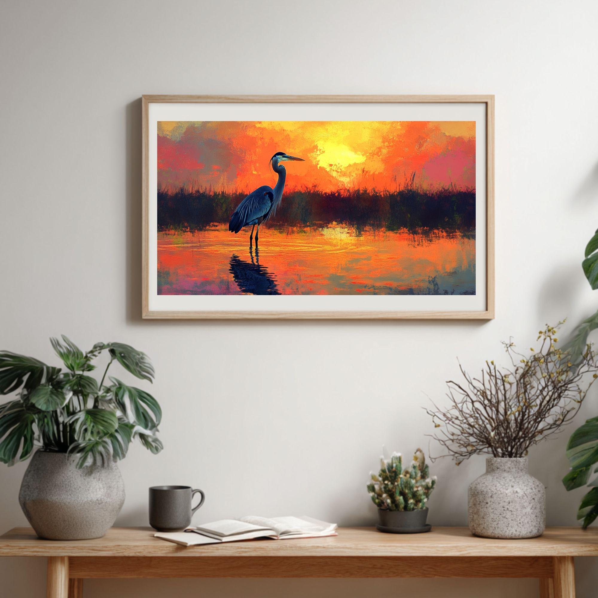 Sunset Heron Wooden Canvas Wall Art, Coastal Bird Silhouette Print, Serene Wetland Landscape Painting, Nature Inspired Rustic Home Decor