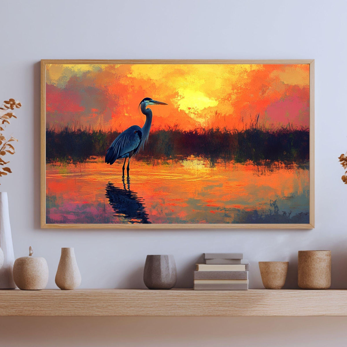 Sunset Heron Wooden Canvas Wall Art, Coastal Bird Silhouette Print, Serene Wetland Landscape Painting, Nature Inspired Rustic Home Decor