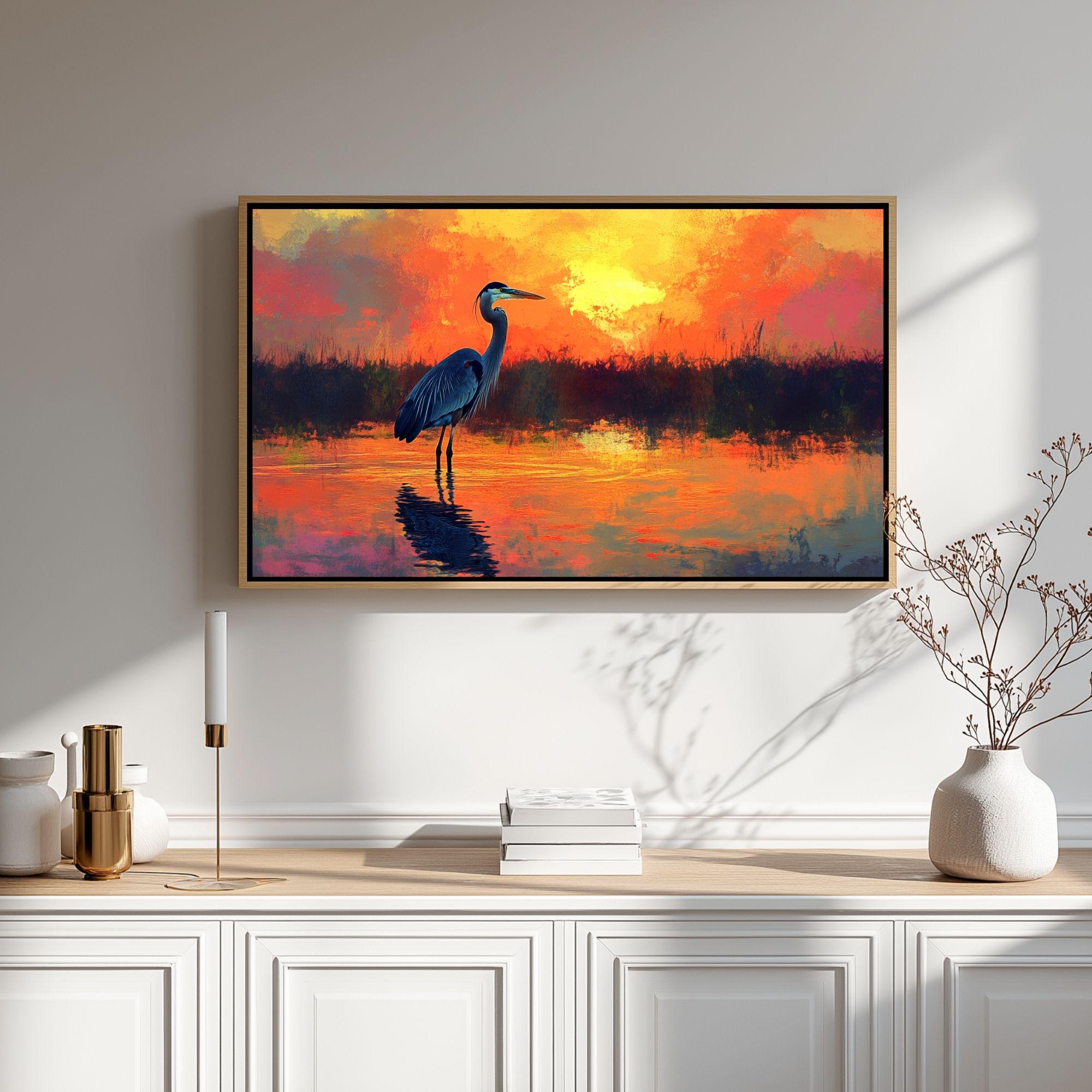 Sunset Heron Wooden Canvas Wall Art, Coastal Bird Silhouette Print, Serene Wetland Landscape Painting, Nature Inspired Rustic Home Decor