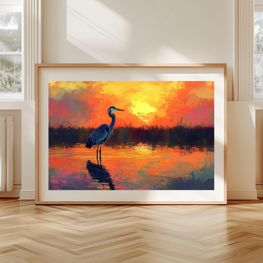 Sunset Heron Wooden Canvas Wall Art, Coastal Bird Silhouette Print, Serene Wetland Landscape Painting, Nature Inspired Rustic Home Decor
