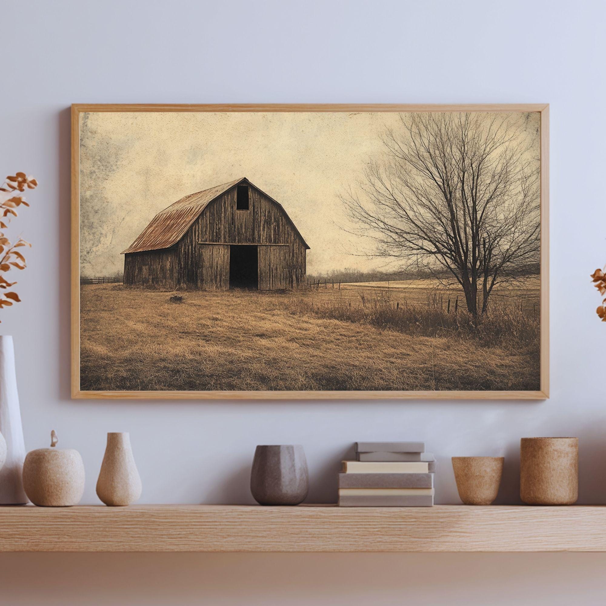 Rustic Barn Wooden Framed Canvas Wall Art, Vintage Country Farmhouse Print, Weathered Old Barn Landscape Painting, Rustic Rural Home Decor