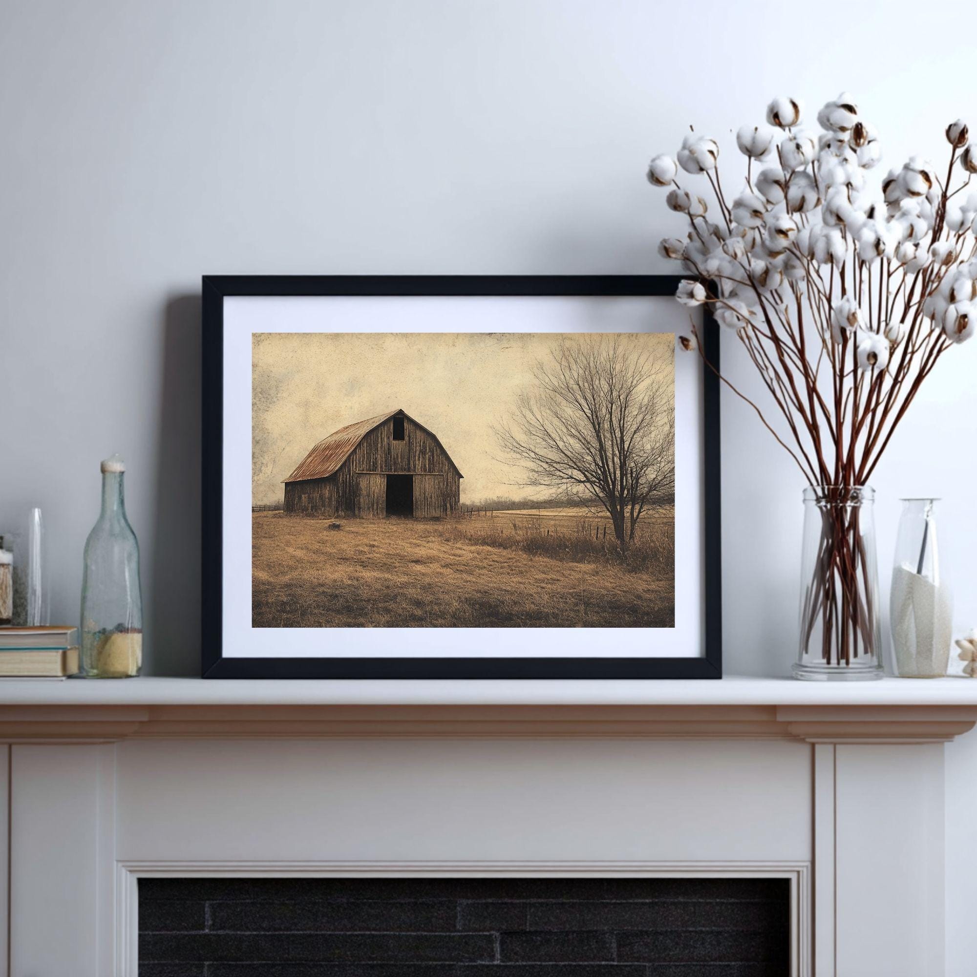 Rustic Barn Wooden Framed Canvas Wall Art, Vintage Country Farmhouse Print, Weathered Old Barn Landscape Painting, Rustic Rural Home Decor