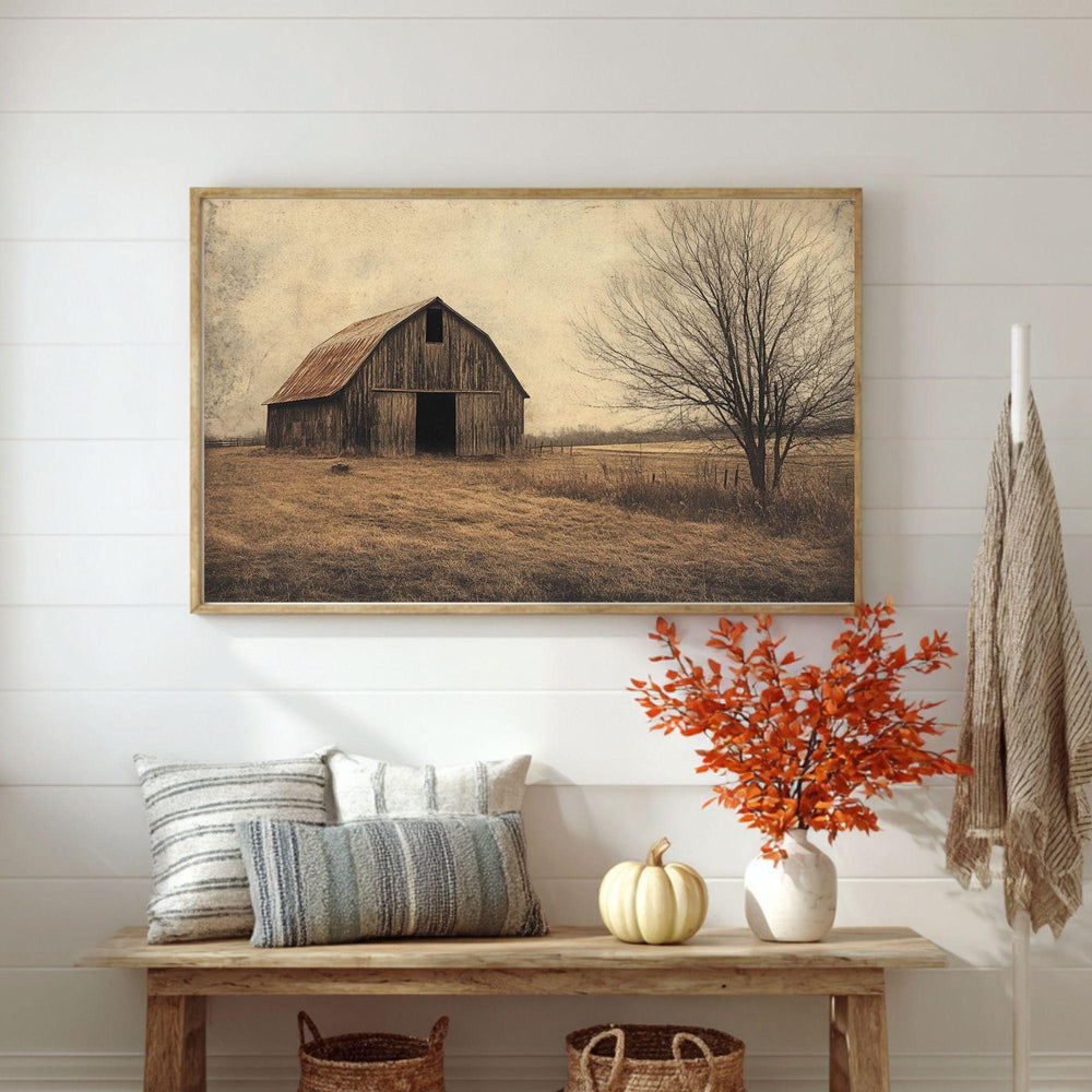 Rustic Barn Wooden Framed Canvas Wall Art, Vintage Country Farmhouse Print, Weathered Old Barn Landscape Painting, Rustic Rural Home Decor