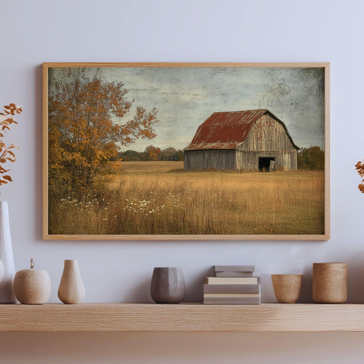 Vintage Barn Wooden Framed Canvas Wall Art, Rustic Country Farmhouse Print, Weathered Old Barn Landscape Painting, Rustic Rural Home Decor
