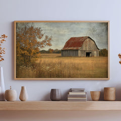 Vintage Barn Wooden Framed Canvas Wall Art, Rustic Country Farmhouse Print, Weathered Old Barn Landscape Painting, Rustic Rural Home Decor