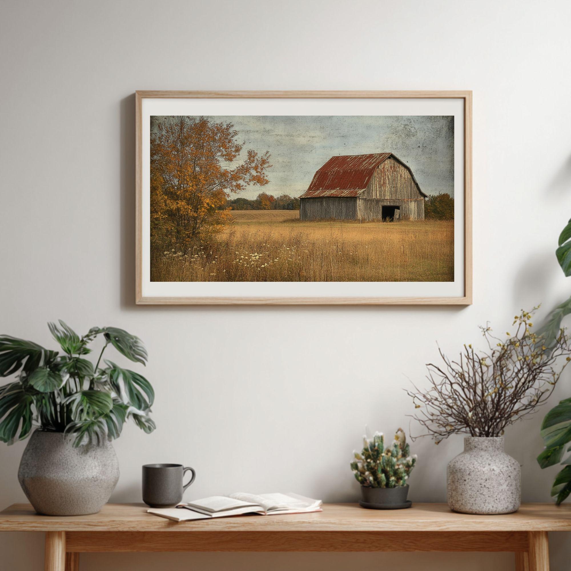 Vintage Barn Wooden Framed Canvas Wall Art, Rustic Country Farmhouse Print, Weathered Old Barn Landscape Painting, Rustic Rural Home Decor