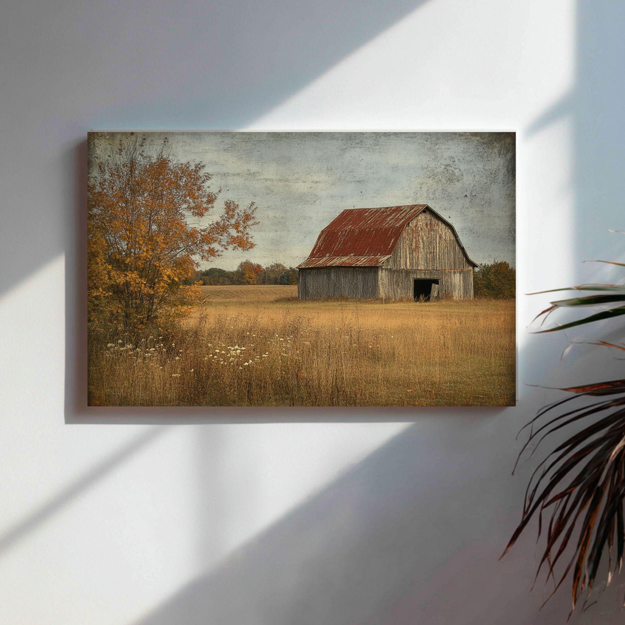 Vintage Barn Wooden Framed Canvas Wall Art, Rustic Country Farmhouse Print, Weathered Old Barn Landscape Painting, Rustic Rural Home Decor