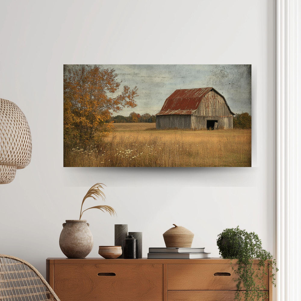 Vintage Barn Wooden Framed Canvas Wall Art, Rustic Country Farmhouse Print, Weathered Old Barn Landscape Painting, Rustic Rural Home Decor