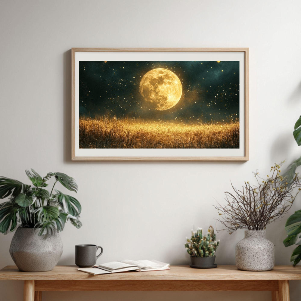 Golden Moon Wooden Canvas Wall Art, Mystical Starry Night Print, Celestial Field Landscape Painting,Rustic Cosmic Nature Inspired Home Decor