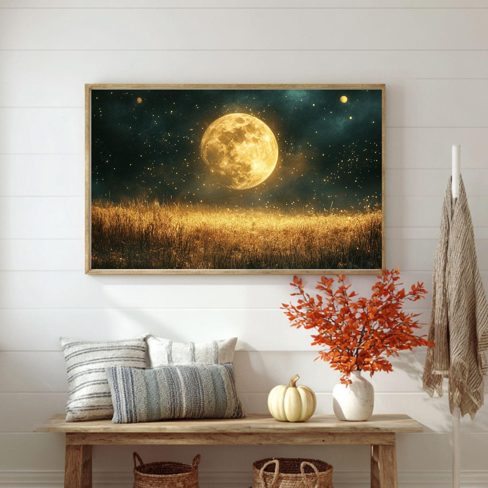 Golden Moon Wooden Canvas Wall Art, Mystical Starry Night Print, Celestial Field Landscape Painting,Rustic Cosmic Nature Inspired Home Decor