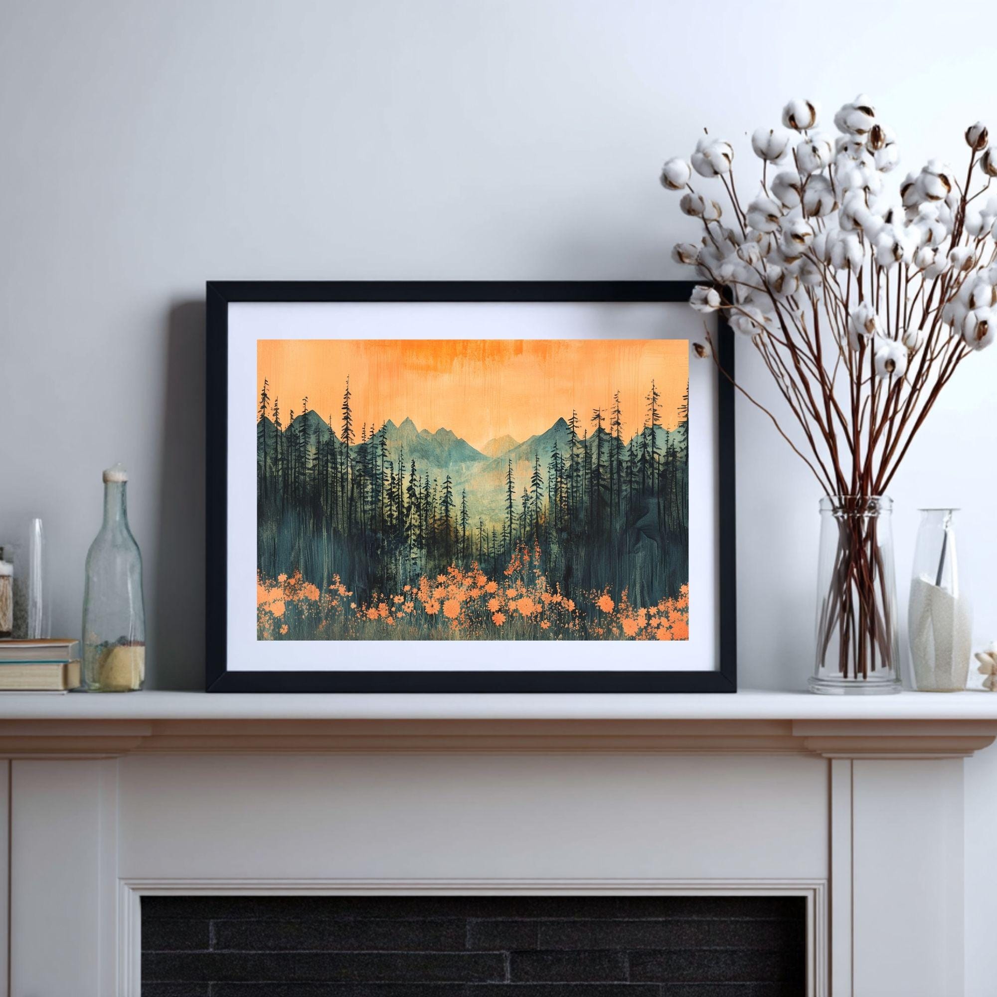 Mountain Forest Wooden Canvas Wall Art, Sunset Landscape Print, Rustic Nature Inspired Painting, Evergreen Trees and Wildflowers Home Decor