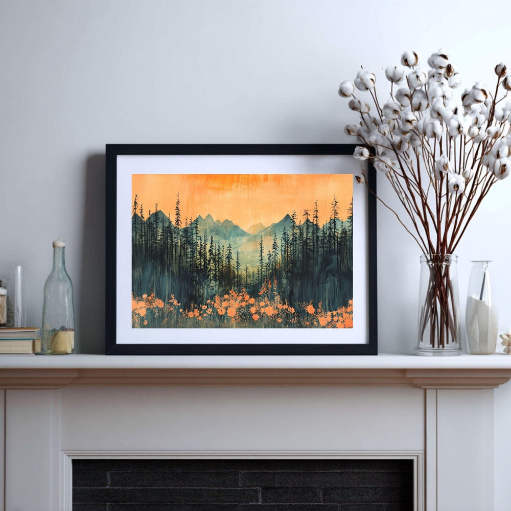 Mountain Forest Wooden Canvas Wall Art, Sunset Landscape Print, Rustic Nature Inspired Painting, Evergreen Trees and Wildflowers Home Decor