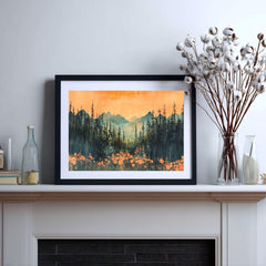 Mountain Forest Wooden Canvas Wall Art, Sunset Landscape Print, Rustic Nature Inspired Painting, Evergreen Trees and Wildflowers Home Decor