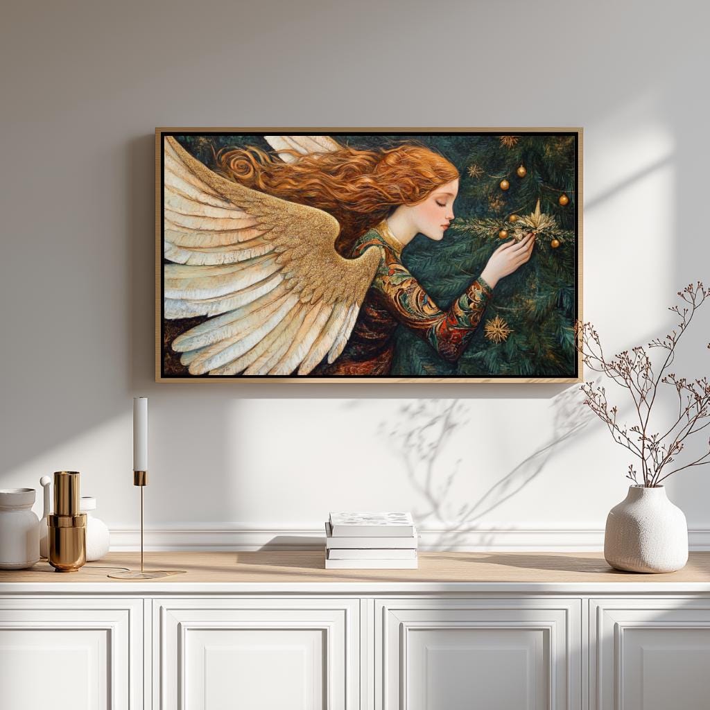Golden Angel With Christmas Tree Wall Art, William Morris Inspired Holiday Angel Print, Festive Seasonal Canvas Decor, Cozy Home Accent