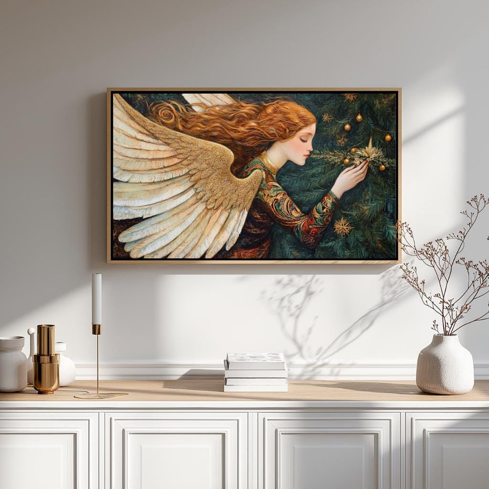 Golden Angel With Christmas Tree Wall Art, William Morris Inspired Holiday Angel Print, Festive Seasonal Canvas Decor, Cozy Home Accent