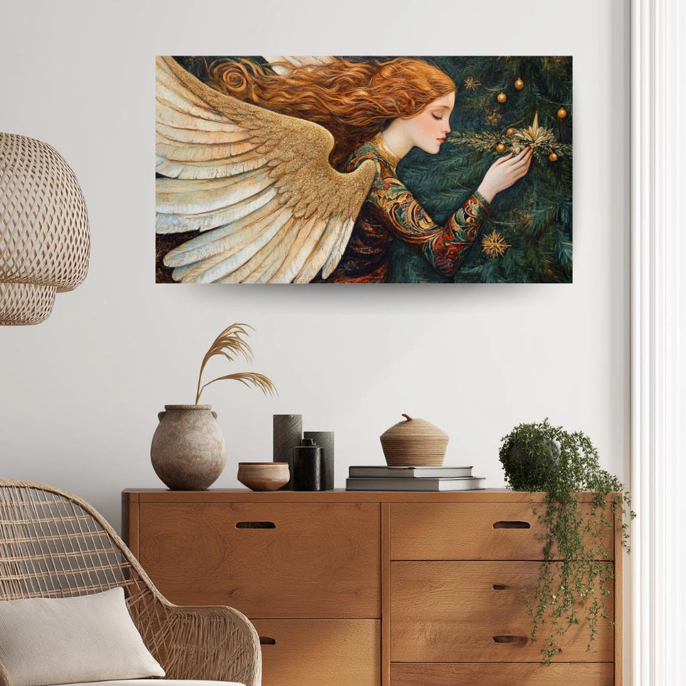 Golden Angel With Christmas Tree Wall Art, William Morris Inspired Holiday Angel Print, Festive Seasonal Canvas Decor, Cozy Home Accent