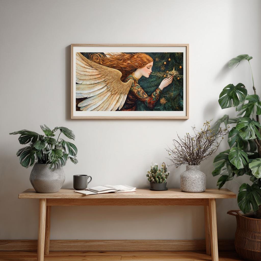 Golden Angel With Christmas Tree Wall Art, William Morris Inspired Holiday Angel Print, Festive Seasonal Canvas Decor, Cozy Home Accent
