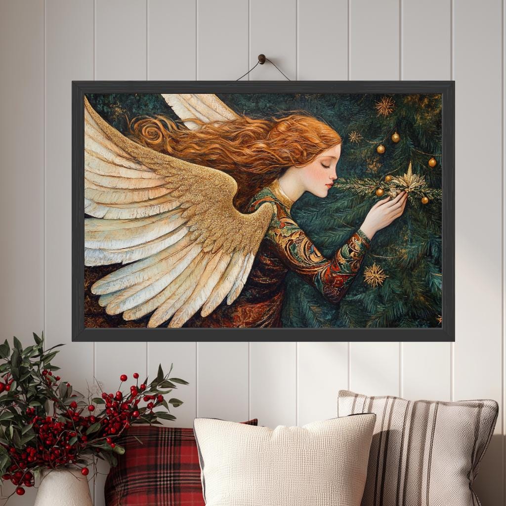 Golden Angel With Christmas Tree Wall Art, William Morris Inspired Holiday Angel Print, Festive Seasonal Canvas Decor, Cozy Home Accent