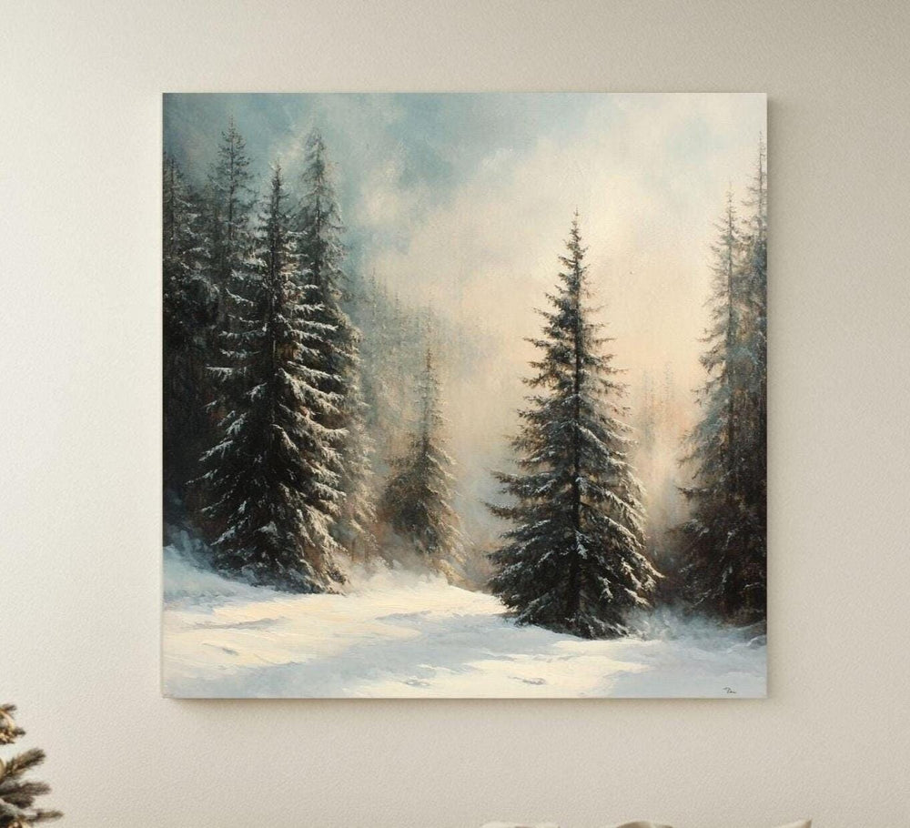 Snowy Forest Canvas Wall Art, Rustic Winter Landscape Print, Woodland Pine Tree Artwork, Cozy Cabin Christmas Decor, Seasonal Wall Hanging