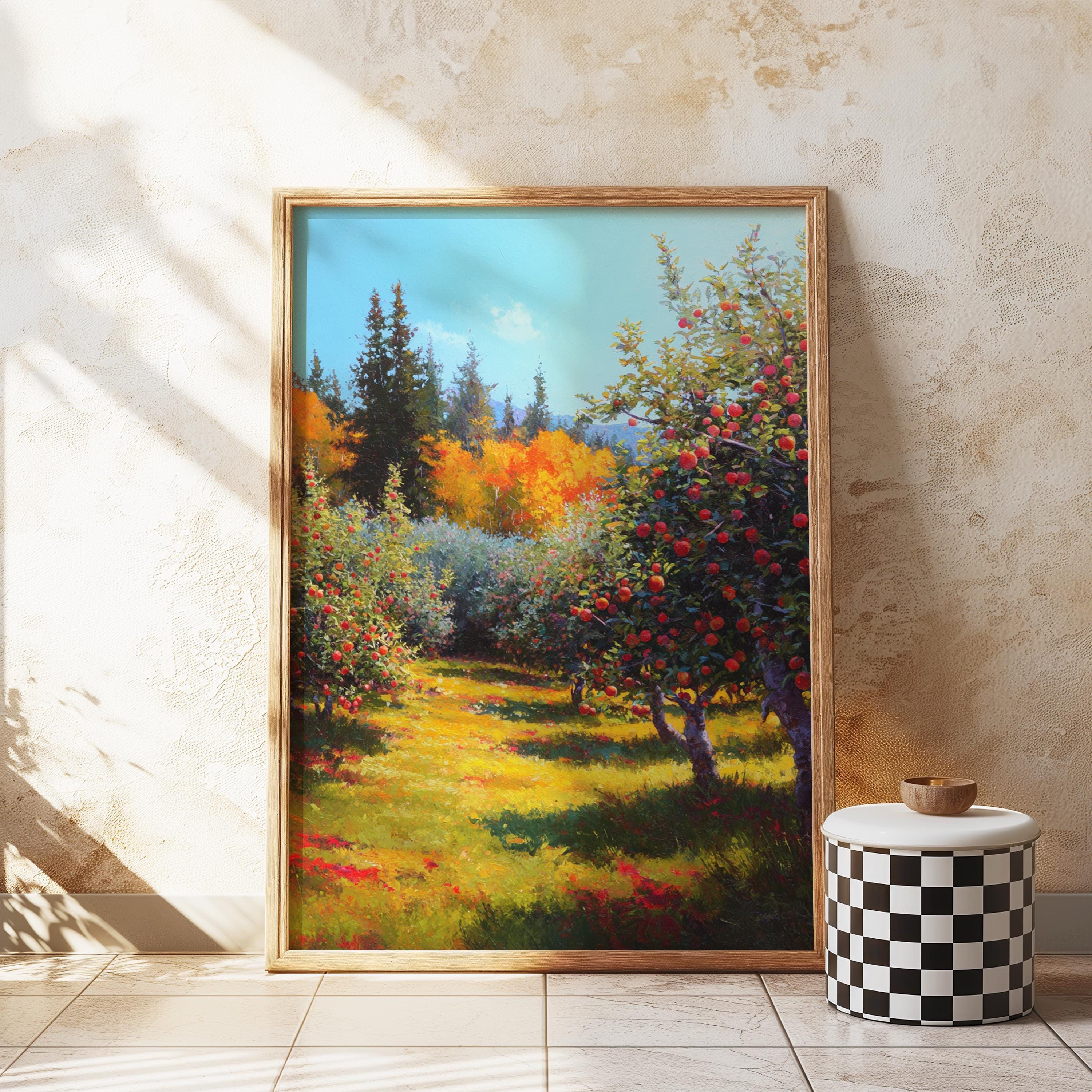 Apple Orchard Canvas Wall Art, Autumn Nature Print, Rustic Countryside Artwork, Colorful Fall Home Decor, Farmhouse Wall Hanging