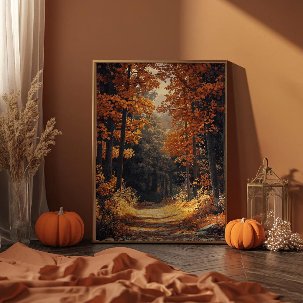 Golden Autumn Forest Wall Art, Rustic Fall Woodland Path Print, Farmhouse Country Decor, Cozy Nature Landscape Canvas, Seasonal Home Accent