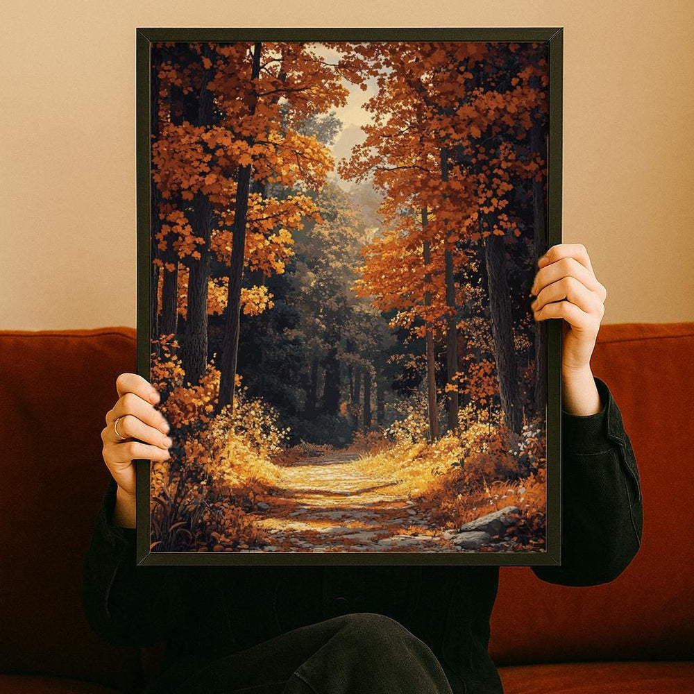 Golden Autumn Forest Wall Art, Rustic Fall Woodland Path Print, Farmhouse Country Decor, Cozy Nature Landscape Canvas, Seasonal Home Accent
