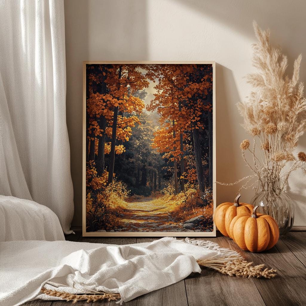 Golden Autumn Forest Wall Art, Rustic Fall Woodland Path Print, Farmhouse Country Decor, Cozy Nature Landscape Canvas, Seasonal Home Accent