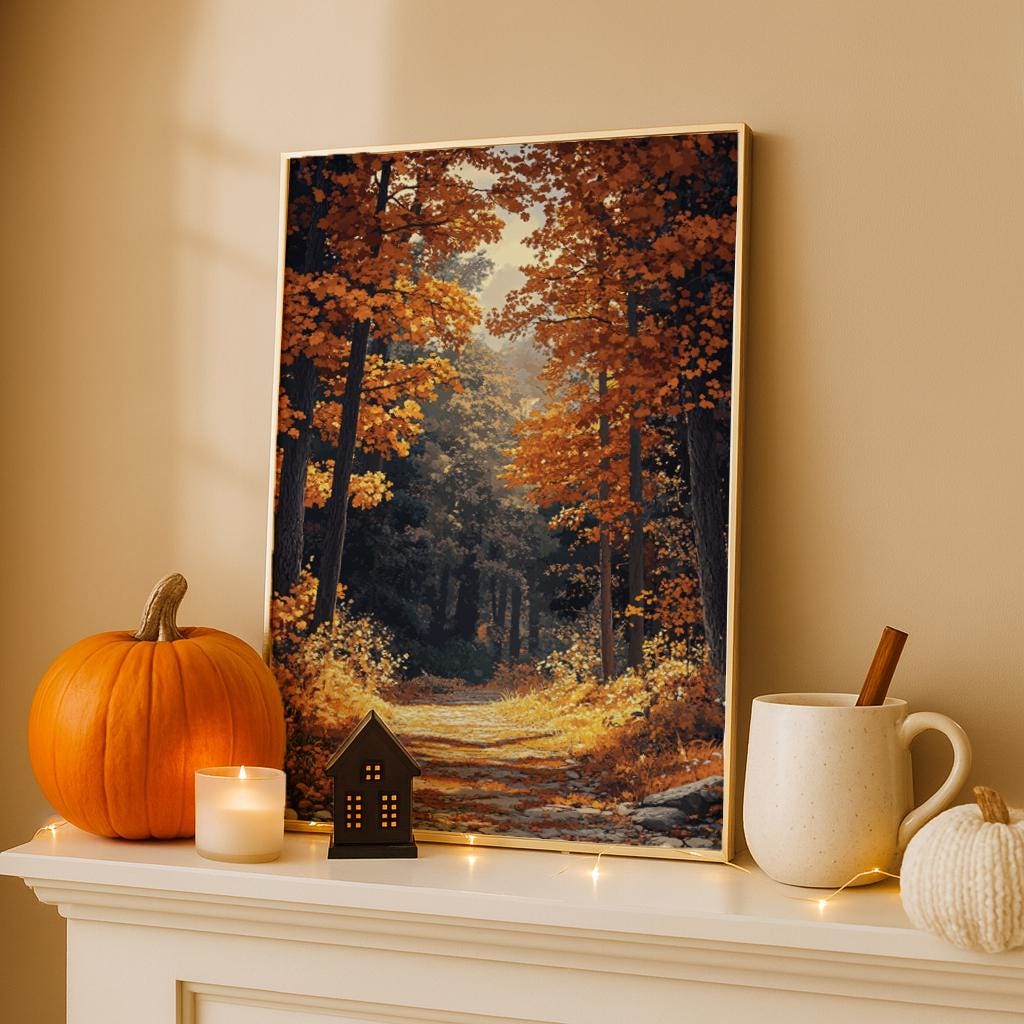Golden Autumn Forest Wall Art, Rustic Fall Woodland Path Print, Farmhouse Country Decor, Cozy Nature Landscape Canvas, Seasonal Home Accent