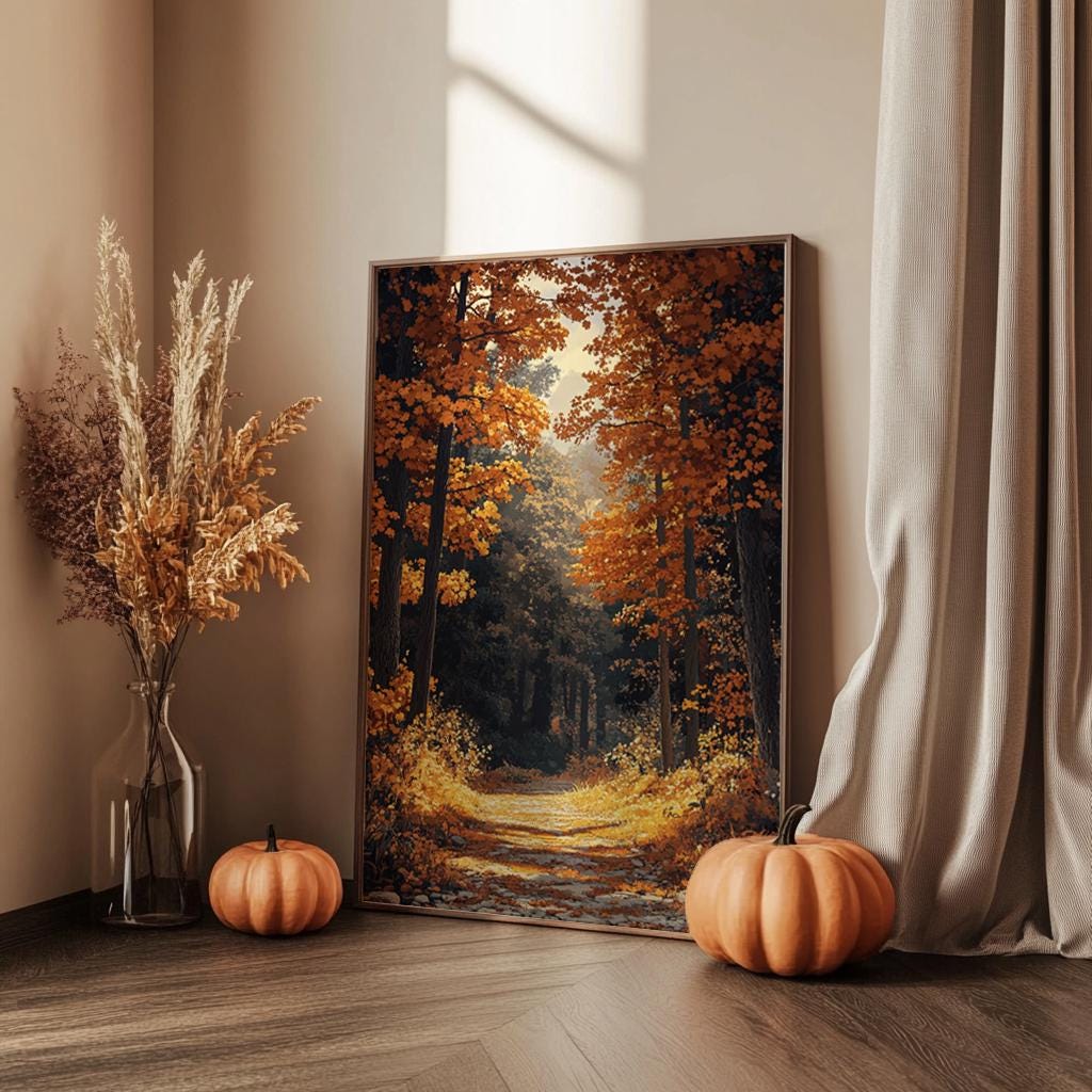 Golden Autumn Forest Wall Art, Rustic Fall Woodland Path Print, Farmhouse Country Decor, Cozy Nature Landscape Canvas, Seasonal Home Accent