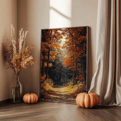 Golden Autumn Forest Wall Art, Rustic Fall Woodland Path Print, Farmhouse Country Decor, Cozy Nature Landscape Canvas, Seasonal Home Accent