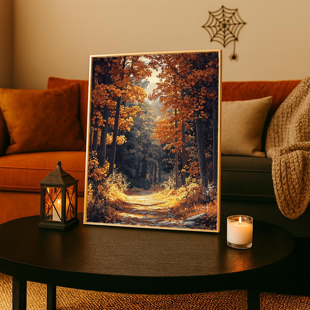 Golden Autumn Forest Wall Art, Rustic Fall Woodland Path Print, Farmhouse Country Decor, Cozy Nature Landscape Canvas, Seasonal Home Accent