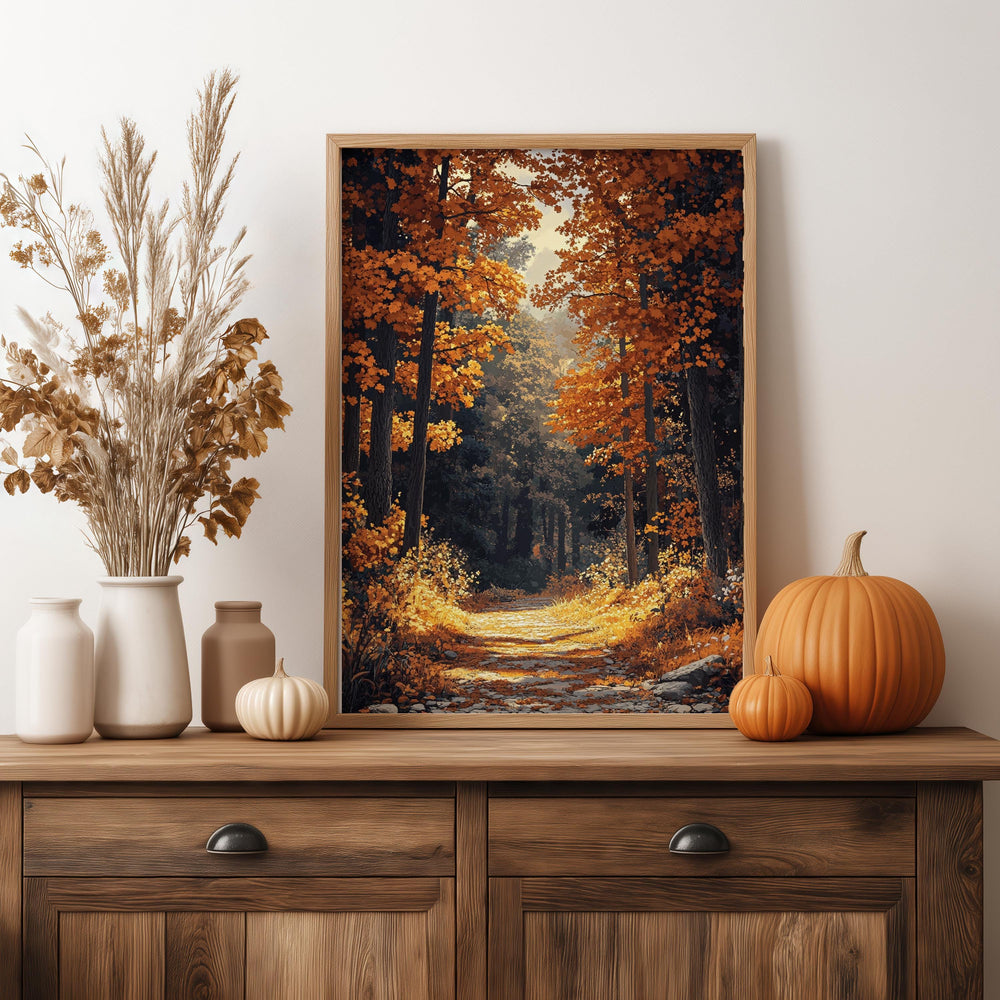 Golden Autumn Forest Wall Art, Rustic Fall Woodland Path Print, Farmhouse Country Decor, Cozy Nature Landscape Canvas, Seasonal Home Accent