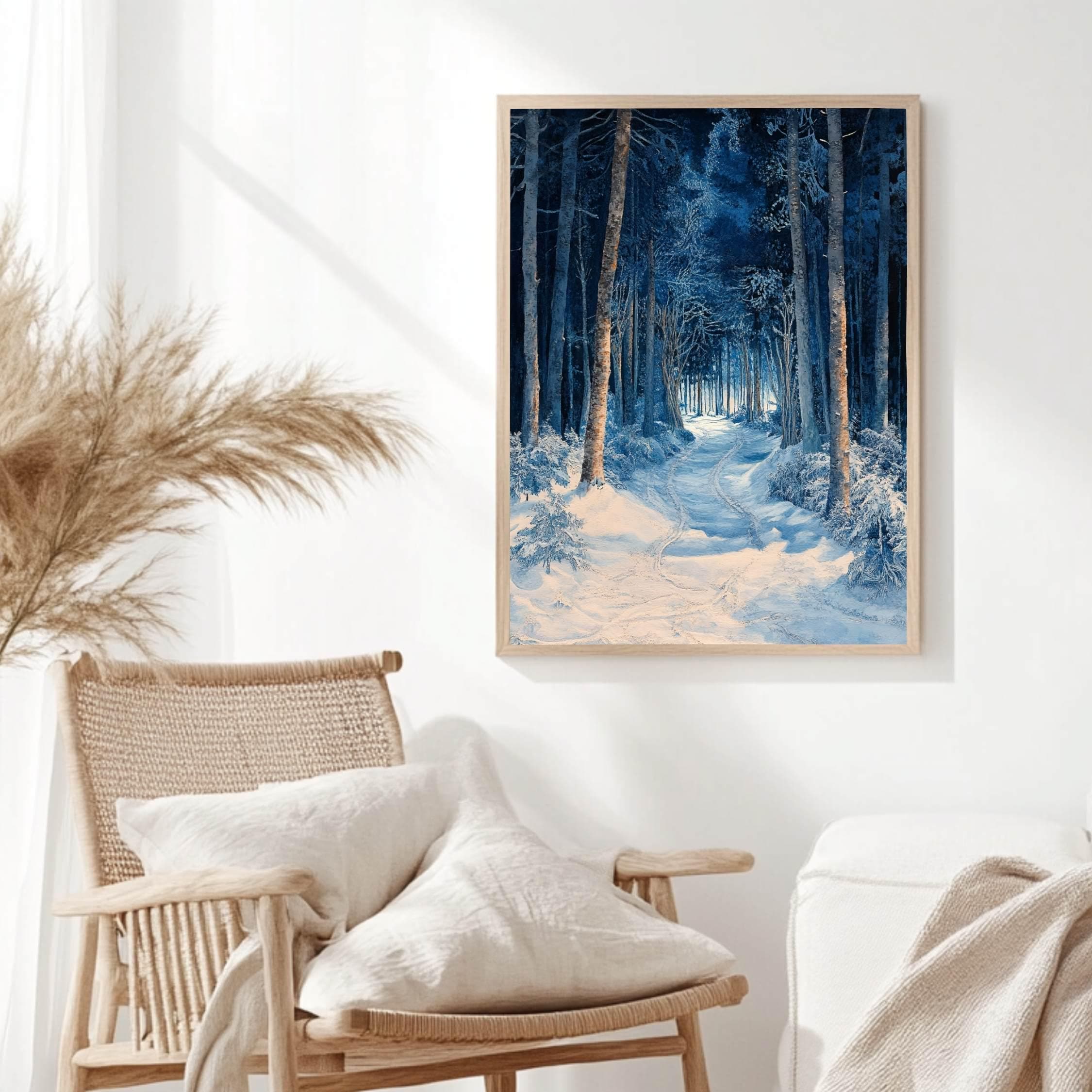 Blue Forest Path Wooden Canvas Art, Winter Wonderland Wall Print, Snowy Landscape Holiday Decor, Serene Woodland Framed Canvas