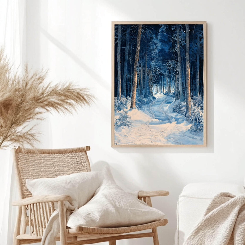 Blue Forest Path Wooden Canvas Art, Winter Wonderland Wall Print, Snowy Landscape Holiday Decor, Serene Woodland Framed Canvas