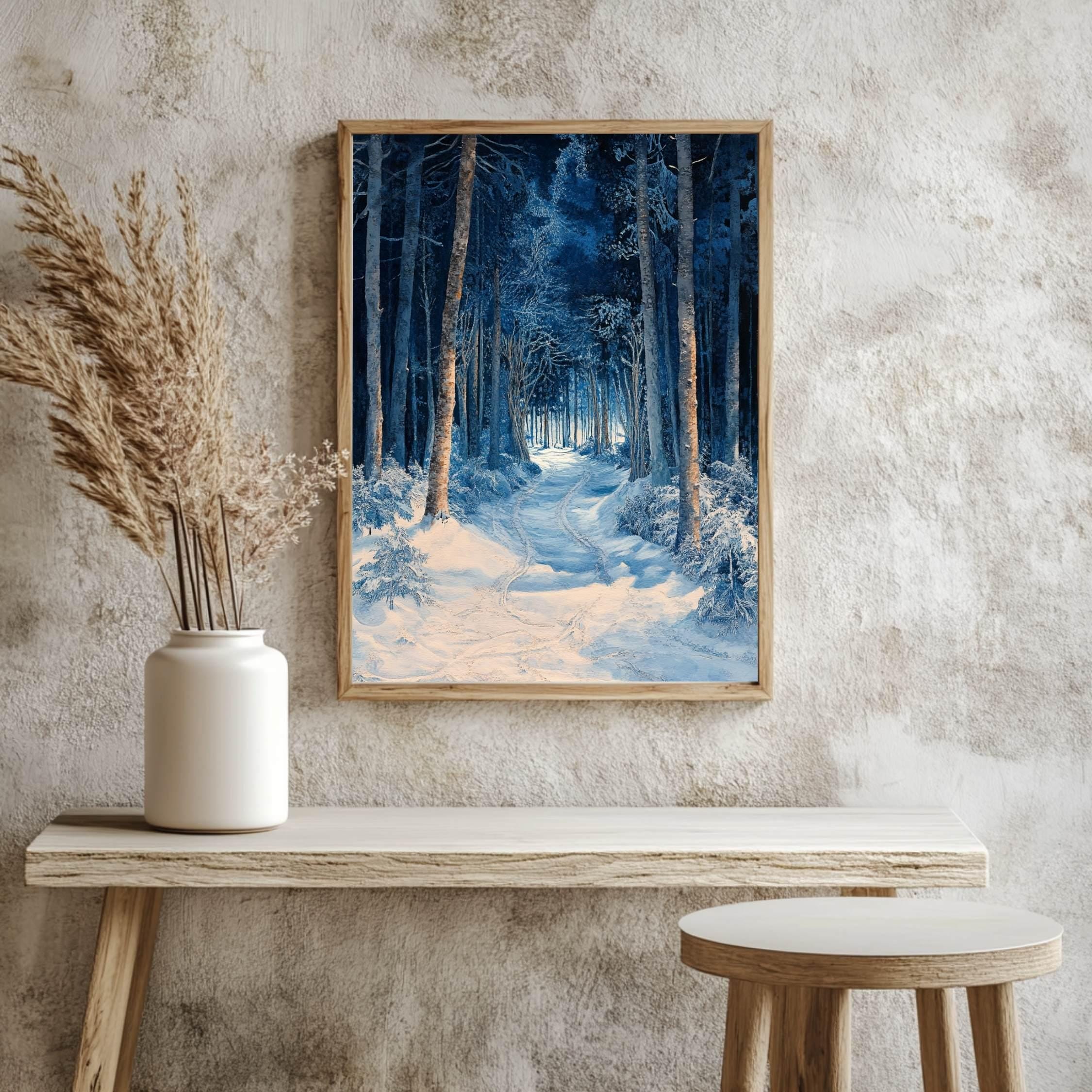 Blue Forest Path Wooden Canvas Art, Winter Wonderland Wall Print, Snowy Landscape Holiday Decor, Serene Woodland Framed Canvas