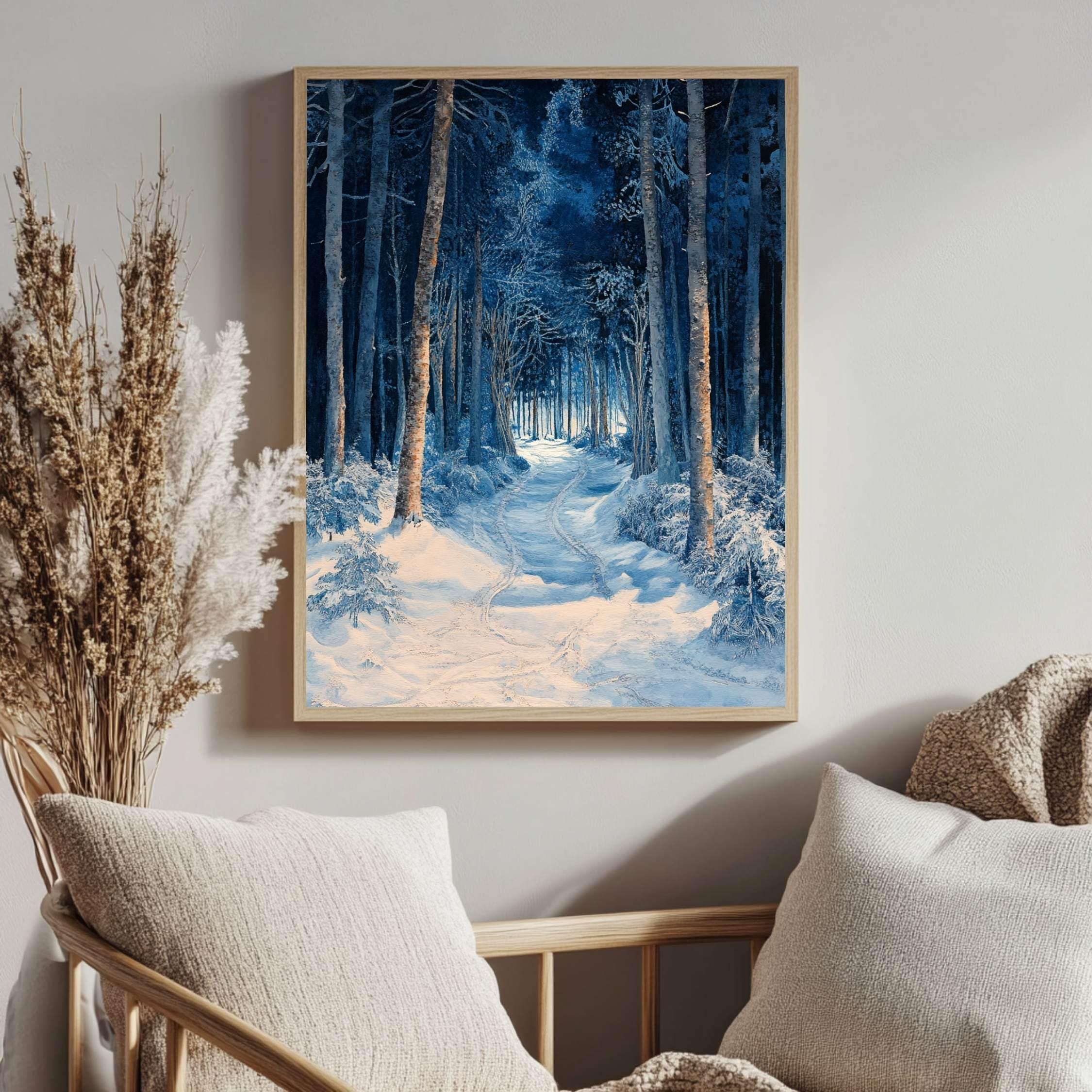 Blue Forest Path Wooden Canvas Art, Winter Wonderland Wall Print, Snowy Landscape Holiday Decor, Serene Woodland Framed Canvas
