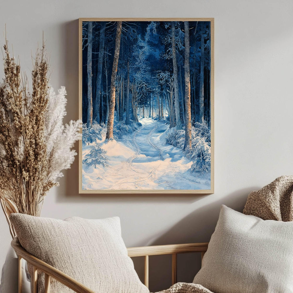 Blue Forest Path Wooden Canvas Art, Winter Wonderland Wall Print, Snowy Landscape Holiday Decor, Serene Woodland Framed Canvas