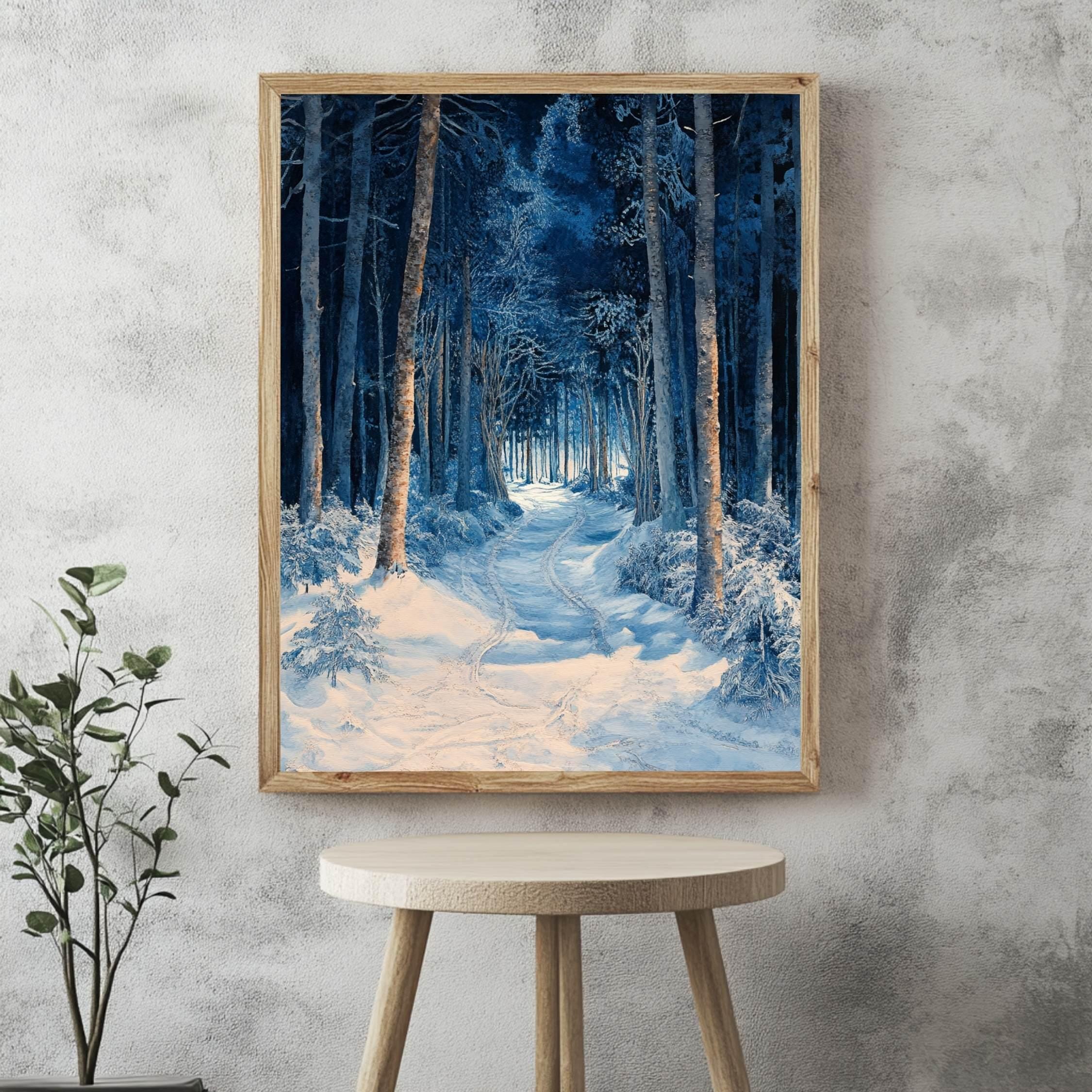 Blue Forest Path Wooden Canvas Art, Winter Wonderland Wall Print, Snowy Landscape Holiday Decor, Serene Woodland Framed Canvas